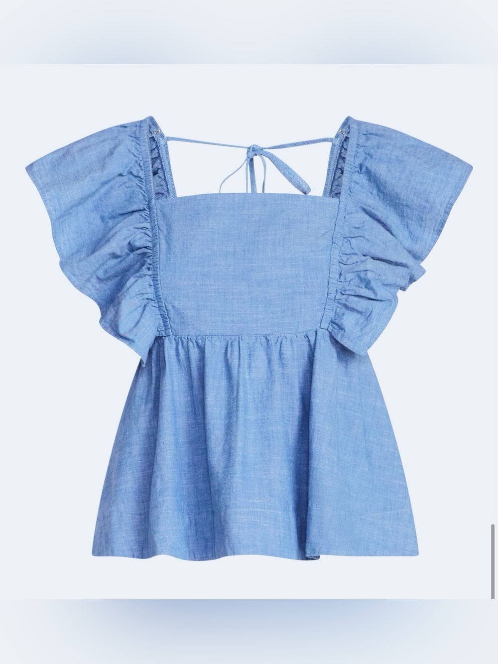 Light Blue Ruffle-Sleeve Chambray Top